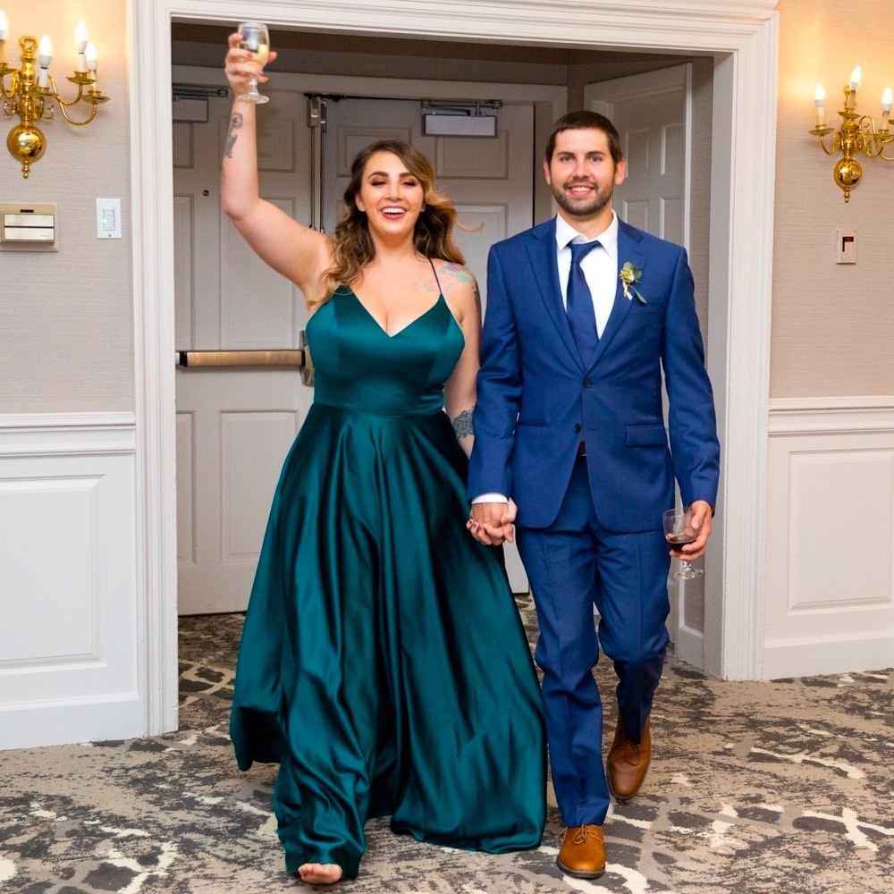 Teal Satin bridesmaid Dress with hidden Pockets